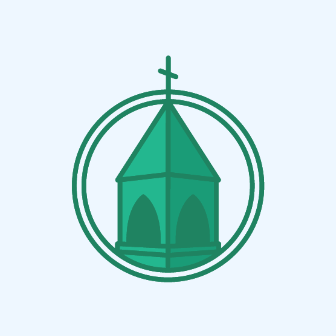 A green church with a cross on top of it in a circle.