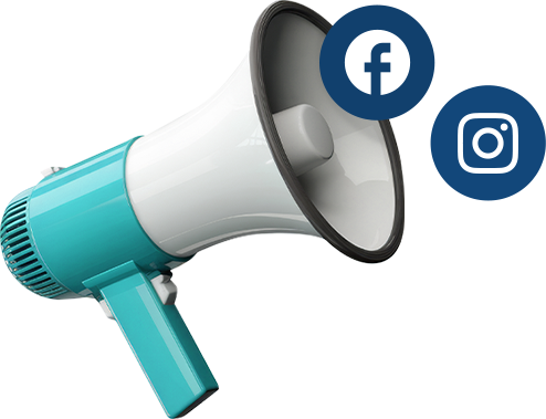 A blue and white megaphone with facebook and instagram icons next to it.