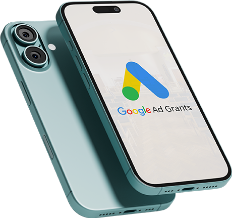 A cell phone with a google ad grants logo on the screen.