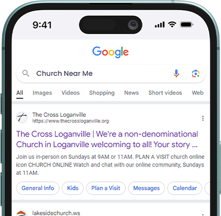 A cell phone is open to a google search for church near me.