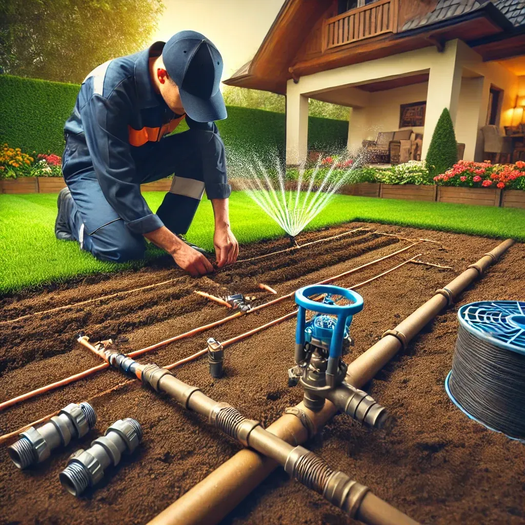 A man is installing a sprinkler system in a yard.
