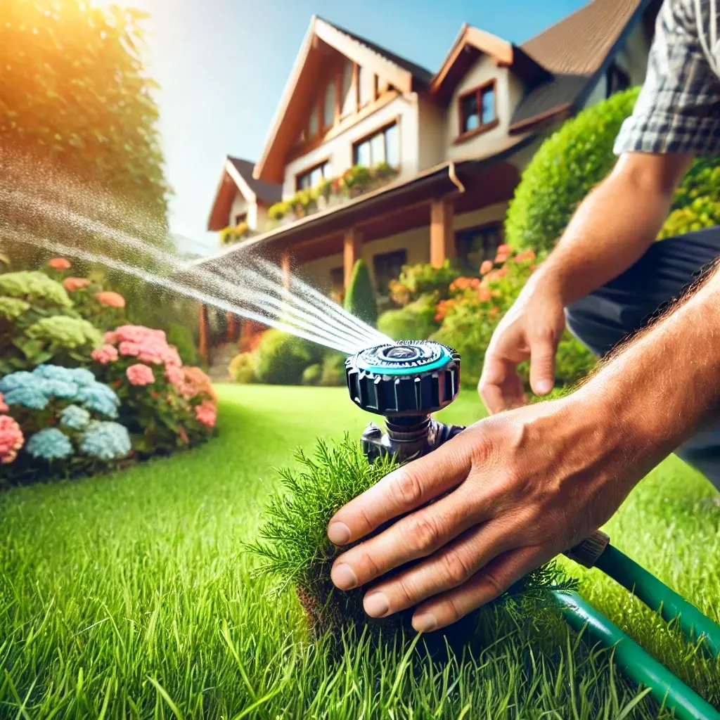 A man is watering his lawn with a sprinkler in front of his house.