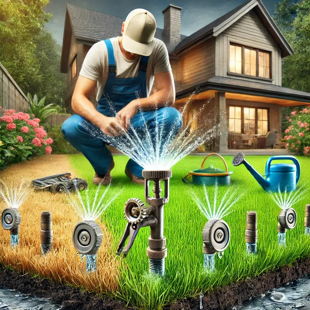 A man is watering a lawn with a hose in front of a house.