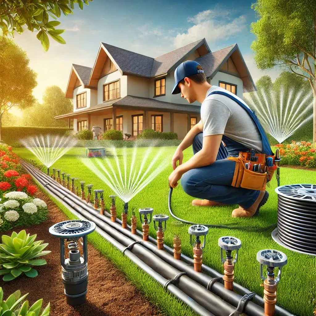 A man is working on a sprinkler system in front of a house.