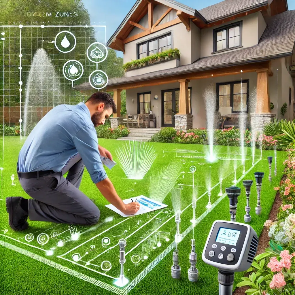 A man is kneeling down in front of a house while looking at a sprinkler system.