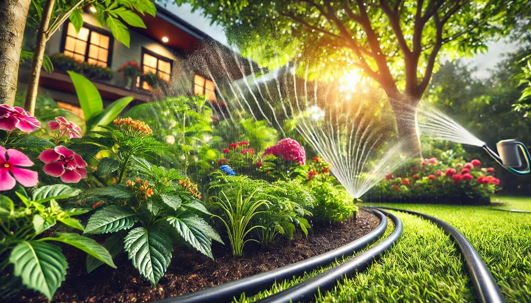 A sprinkler is spraying water in a garden in front of a house.