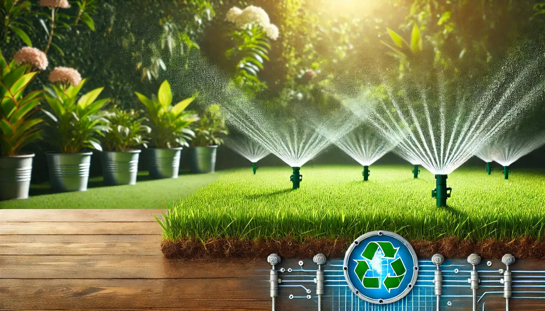 A row of sprinklers spraying water on a lush green lawn.