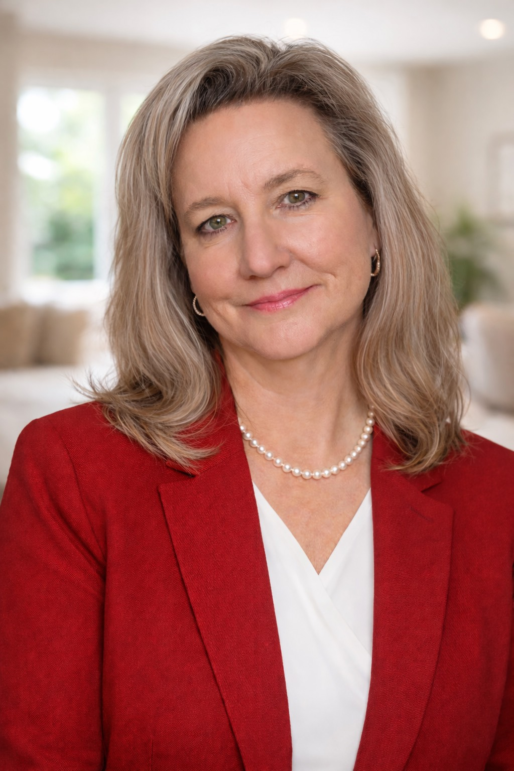 Woman in red blazer smiles, wearing a pearl necklace, indoors with neutral background.
