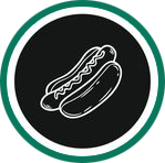 Hot dog su un panino con senape, all'interno di un cerchio nero con bordo verde.