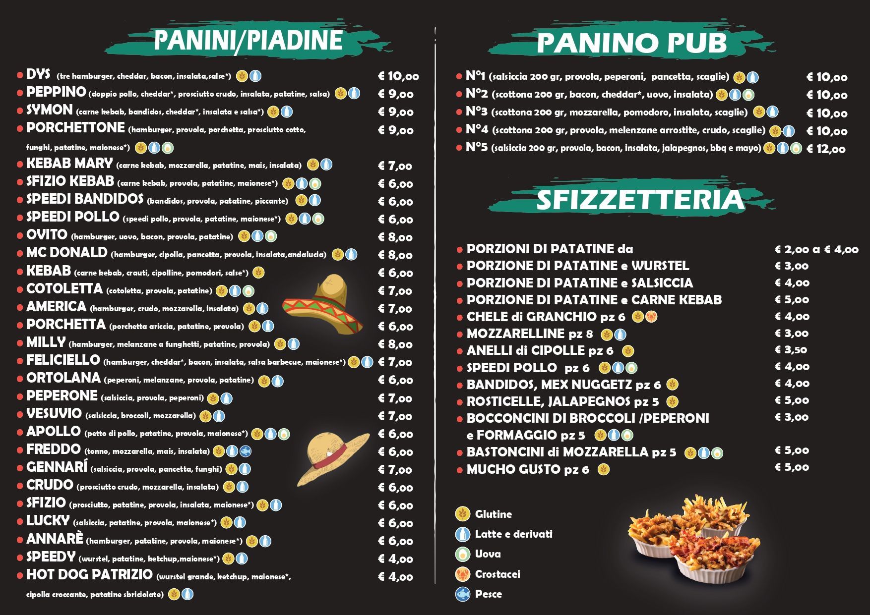 Menù con vari panini, piadine e snack da pub.