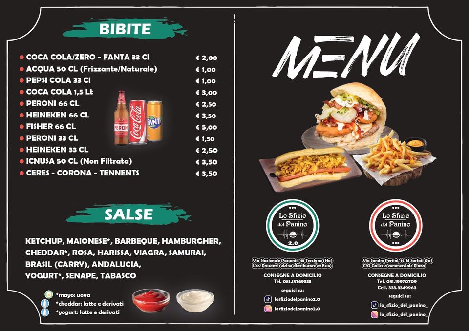 Menù con opzioni di cibo e bevande, tra cui hamburger, patatine fritte, hot dog e bevande.