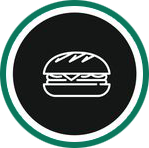 Cerchio con bordo verde e sfondo nero. All'interno, il disegno di un panino disegnato in bianco.