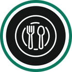 Cerchio verde con piatto, forchetta e cucchiaio bianchi, su sfondo nero.