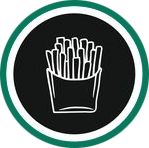 Patatine fritte in un contenitore di carta, disegno a linee bianche su un cerchio nero, bordo verde.