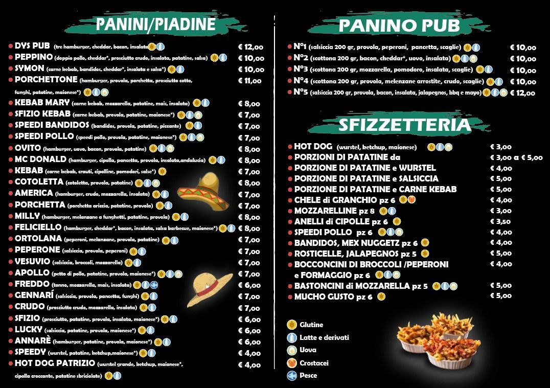 Menù con opzioni di cibo e bevande, tra cui hamburger, patatine fritte, hot dog e bevande.