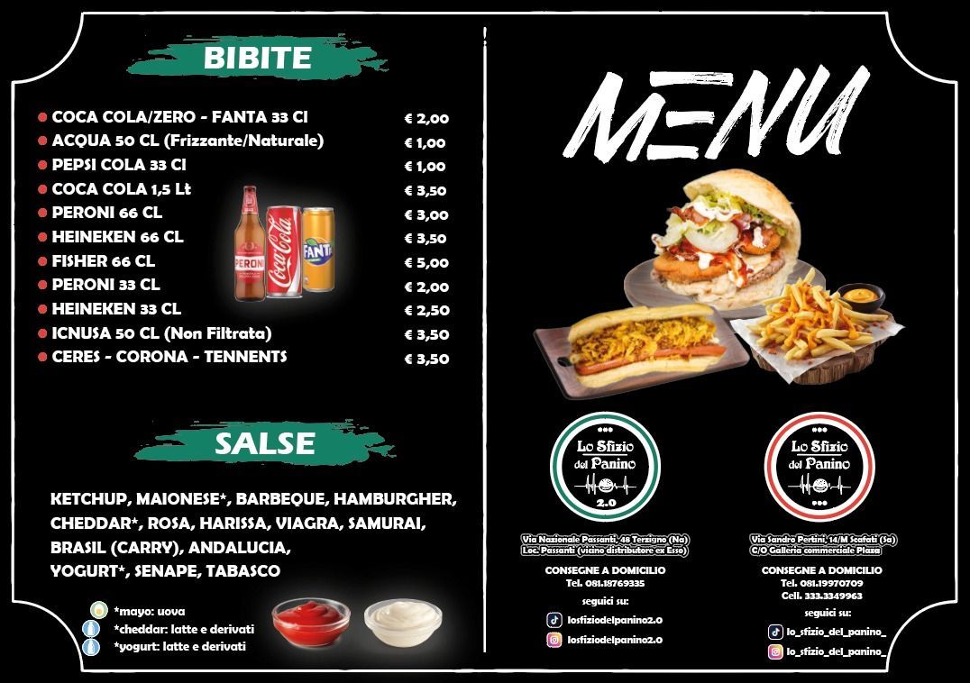 Menù con opzioni di cibo e bevande, tra cui hamburger, patatine fritte, hot dog e bevande.