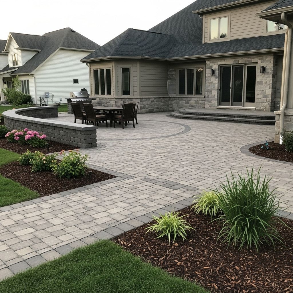 Backyard patio with paved seating area, landscaping, and house.