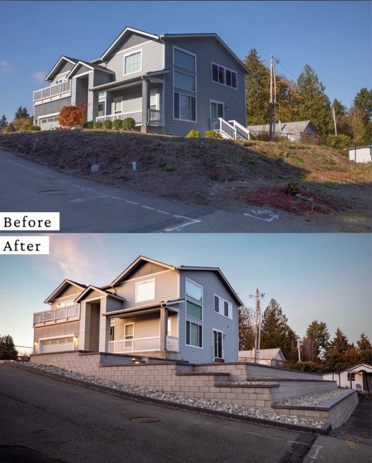 A before and after picture of a house on a hill.