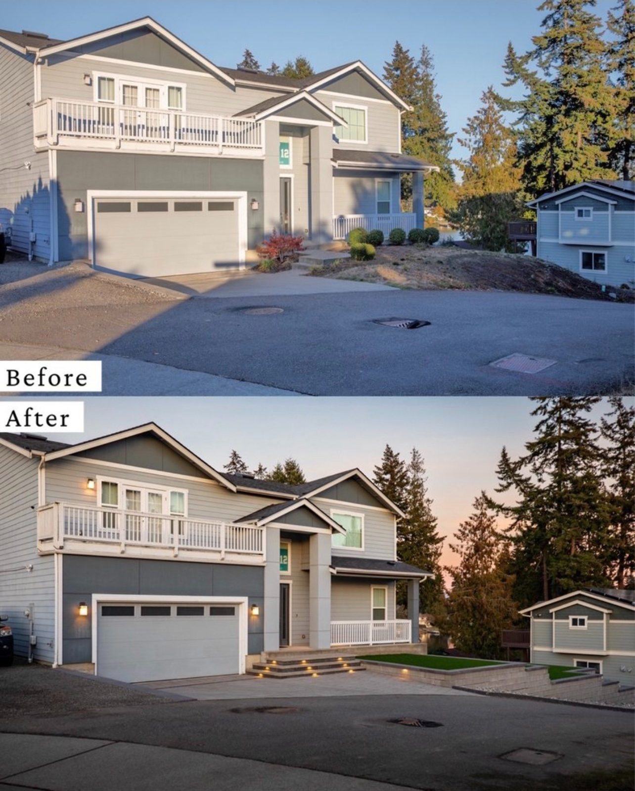 A before and after photo of a house with trees in the background