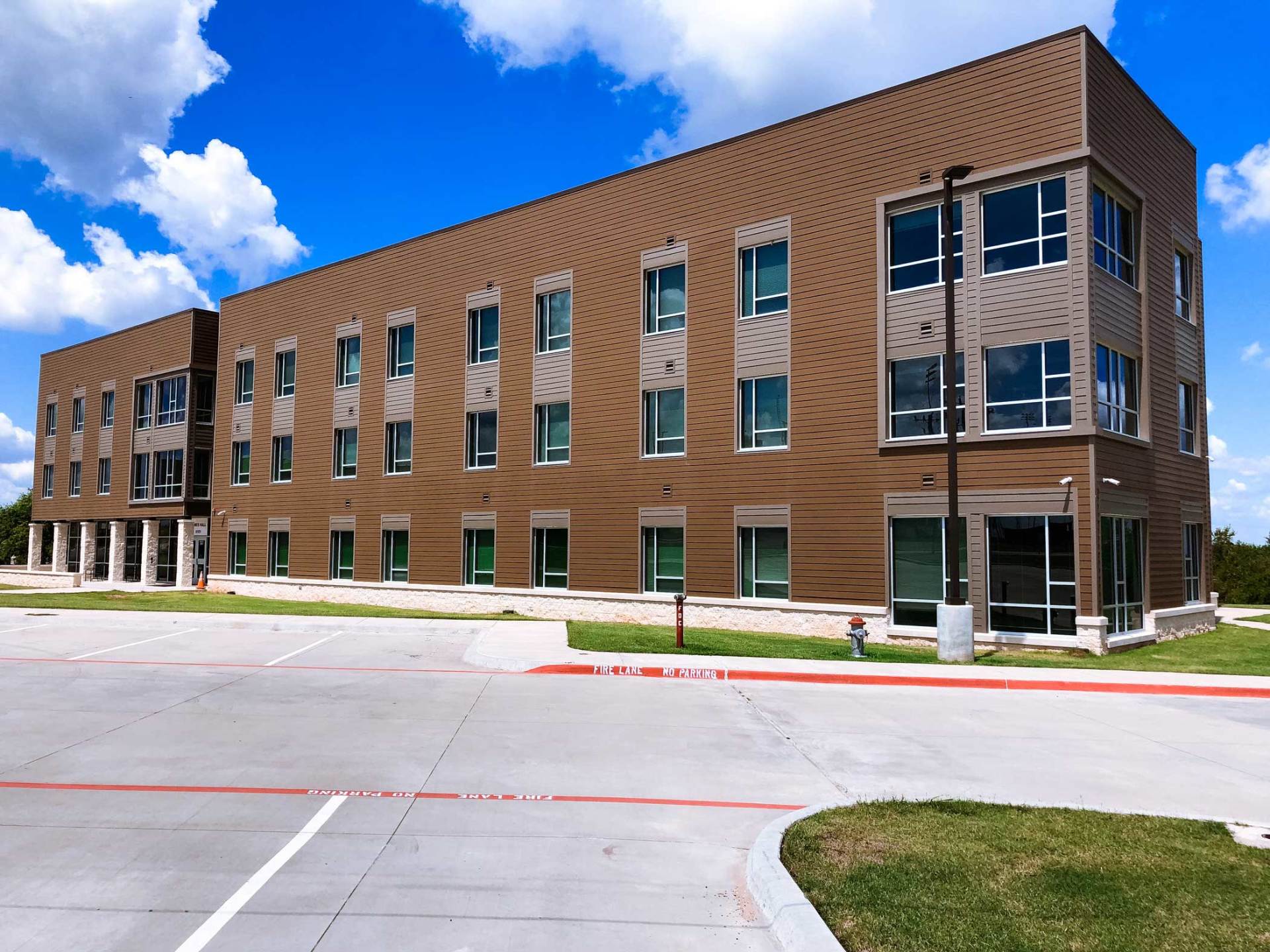 3-Story Denison, Texas, College Dormitory. Fiber Cement Cladding and Rain-screen work done by Preview Construction.