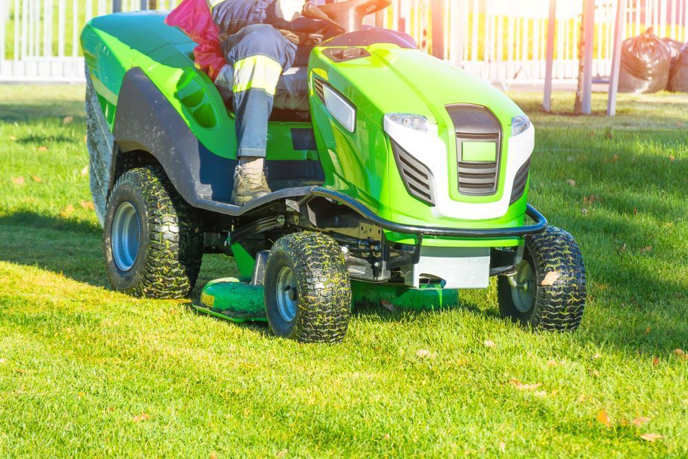 A Man is Riding a Green Lawn Mower on a Lush Green Field — Oaks Quality Turf In Kiama, NSW