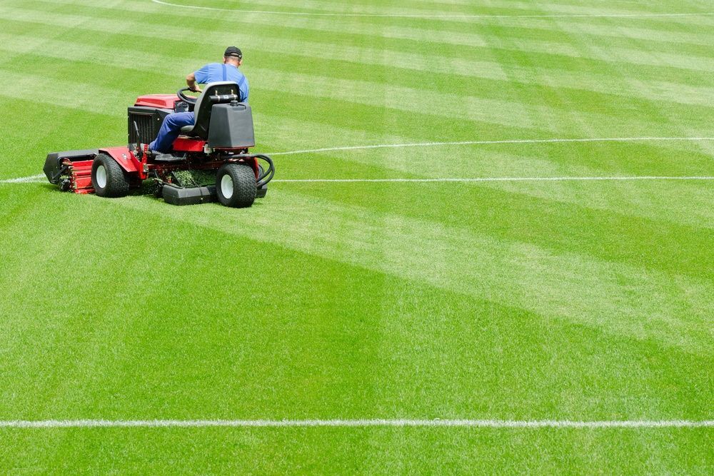 A Man is Riding a Lawn Mower on a Soccer Field — Oaks Quality Turf In Gerringong, NSW