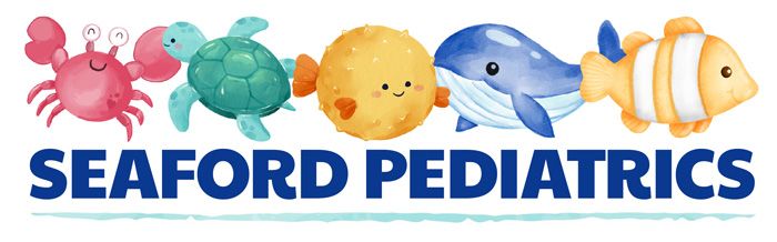Logo for Seaford Pediatrics, featuring cartoon sea creatures above blue text.