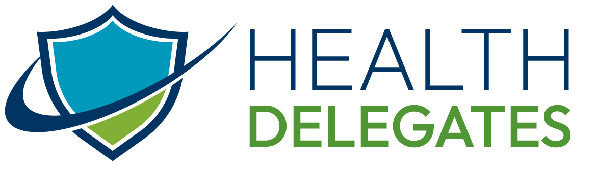 a blue and green logo for health delegates
