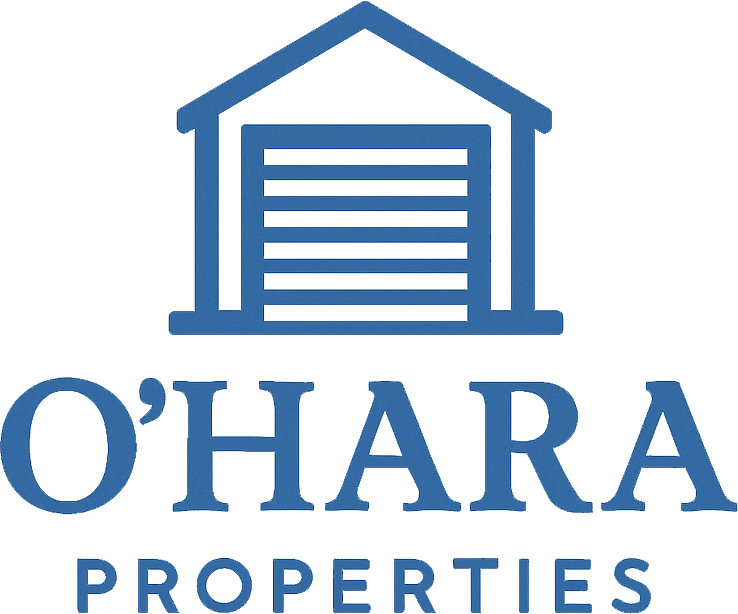Logo for O'Hara Properties featuring a blue garage icon above the company name in blue text. 