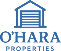 Logo for O'Hara Properties featuring a blue garage icon above the company name in blue text. 