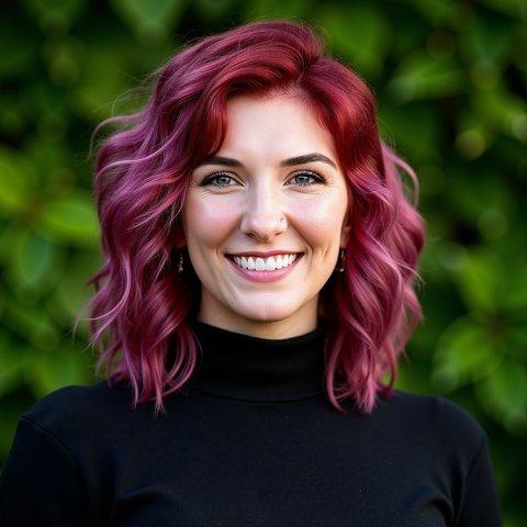 Woman with pink and red hair wearing a black shirt and smiling at the camera