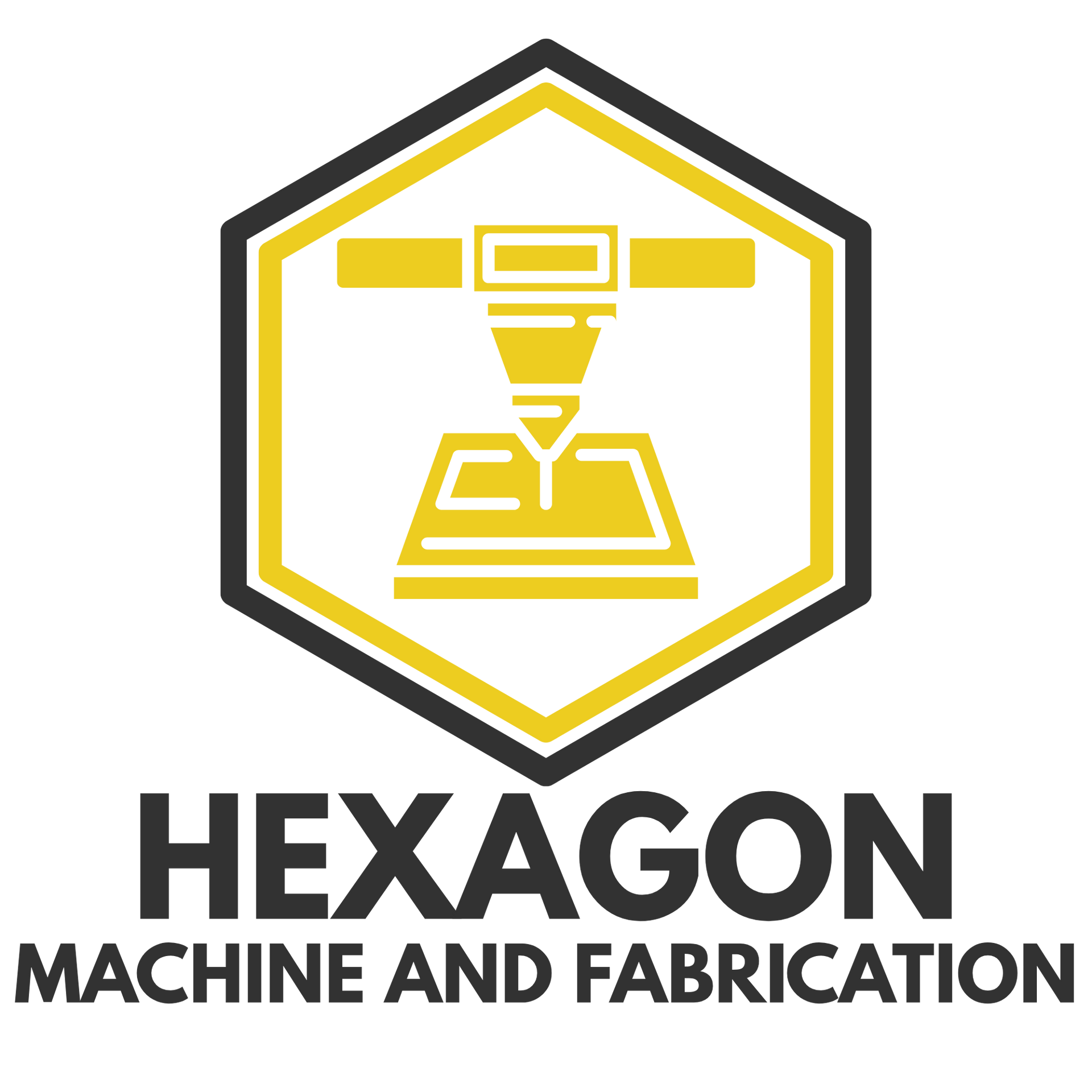 Logo for Hexagon Machine and Fabrication featuring a yellow 3D printer icon inside a black hexagon with text below.