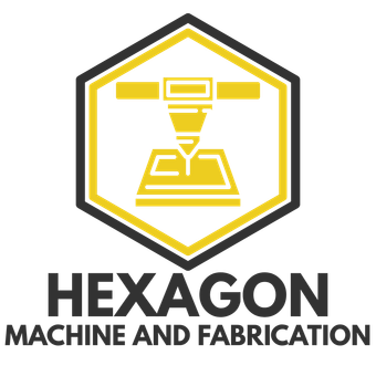 Logo for Hexagon Machine and Fabrication featuring a yellow 3D printer icon inside a black hexagon with text below.