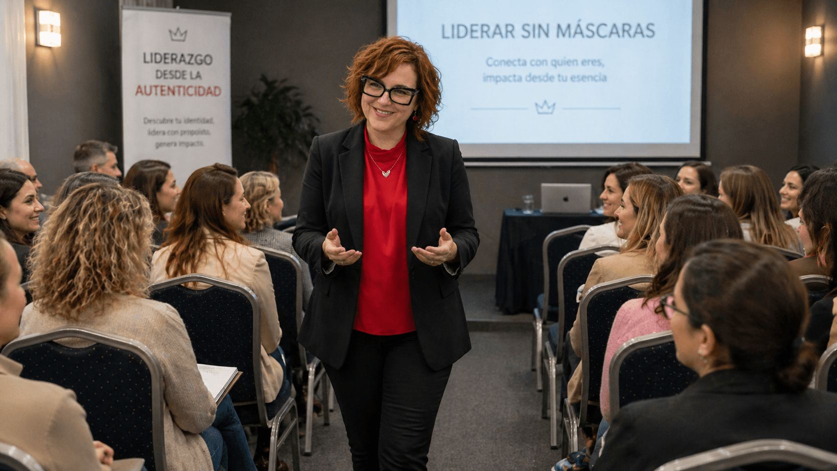 Un orador con chaqueta roja se dirige a la audiencia sentada durante una conferencia sobre “Liderar sin máscaras”.