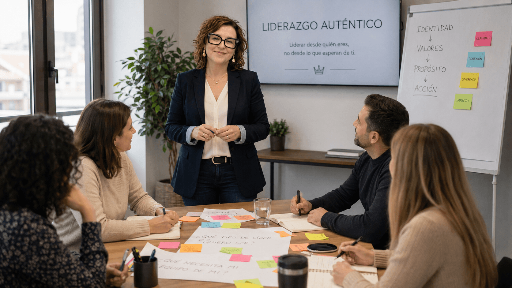 Reunión de negocios con un presentador de pie junto a una pizarra blanca, comentando sus notas con colegas sentados.