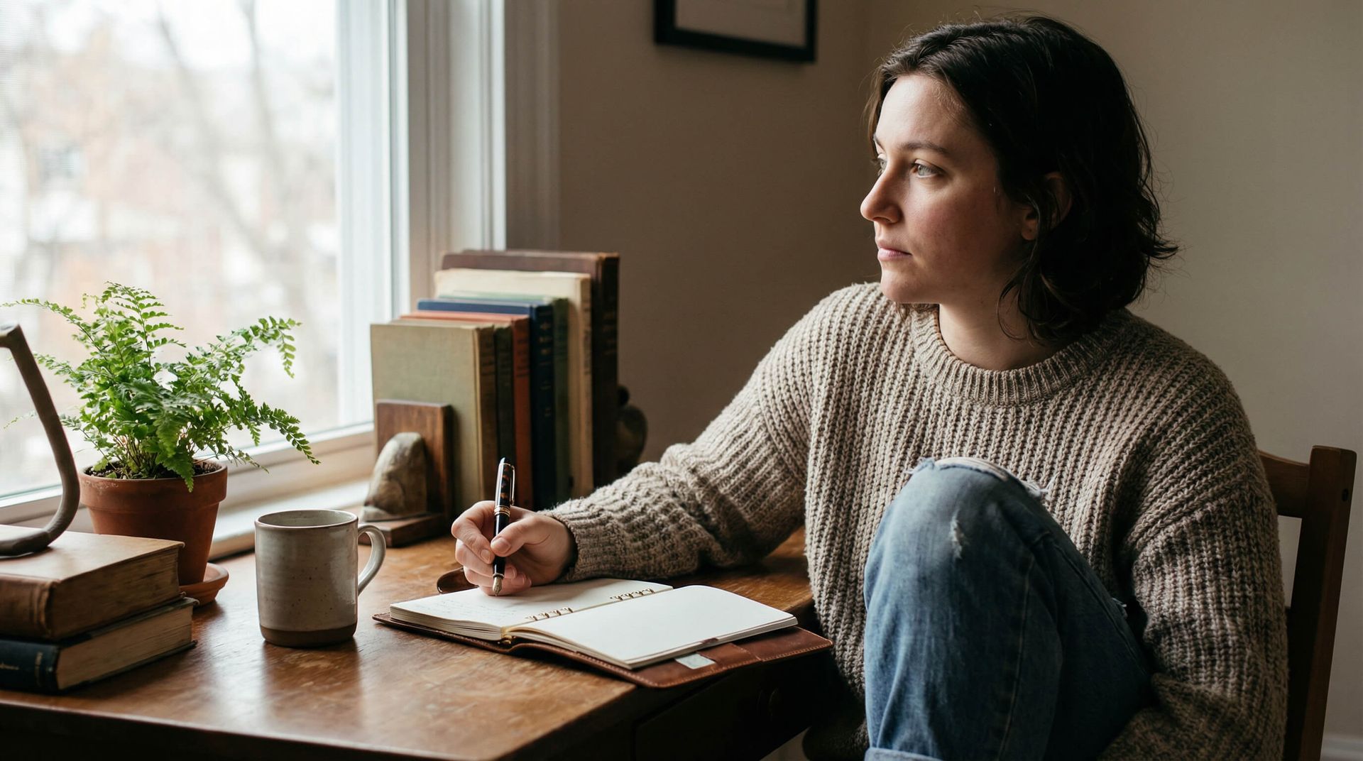 Una persona escribe en un cuaderno junto a una ventana, al lado de una maceta y una pila de libros.