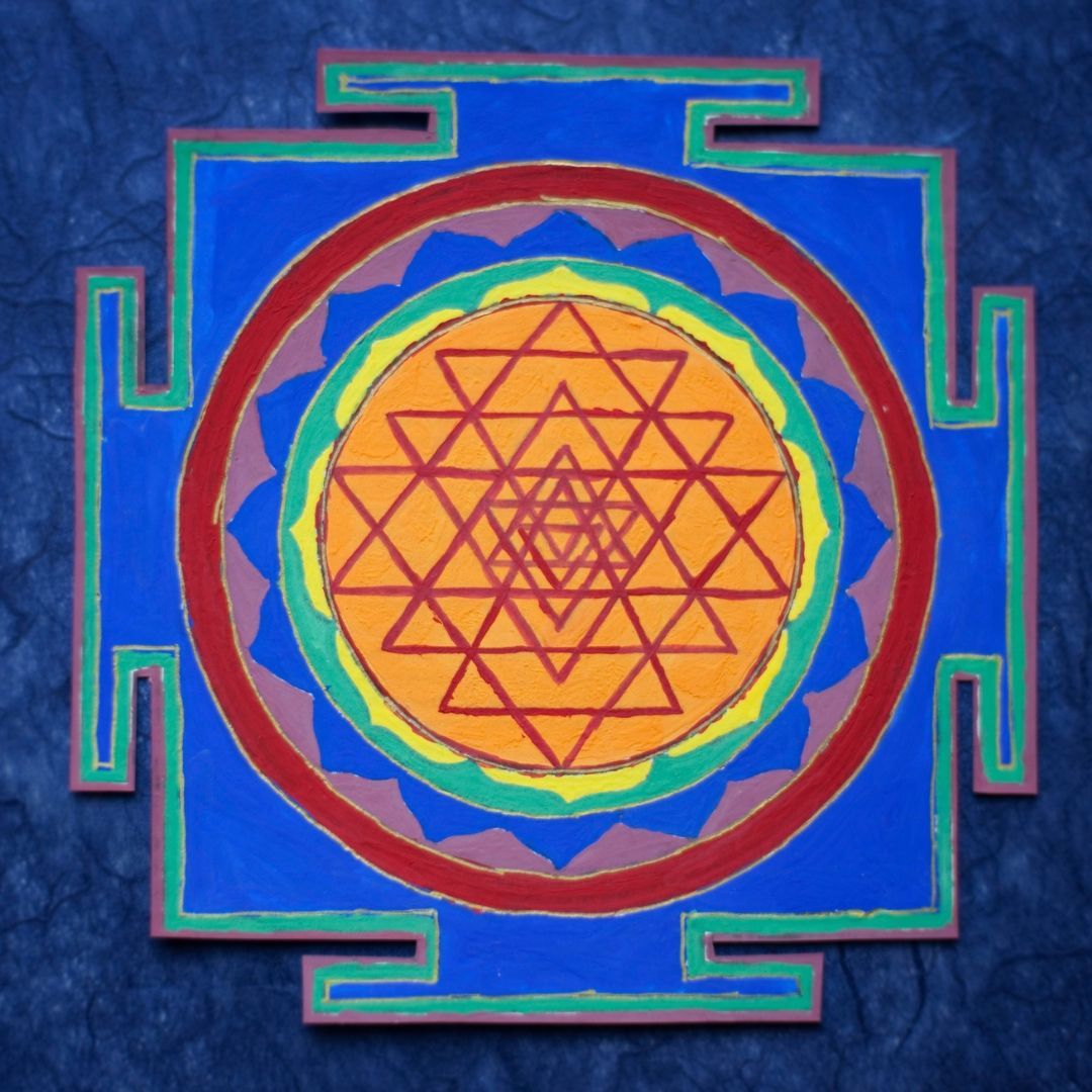 Sacred geometric yantra design used in tantric tradition for focus, balance, and energy alignment during meditation.