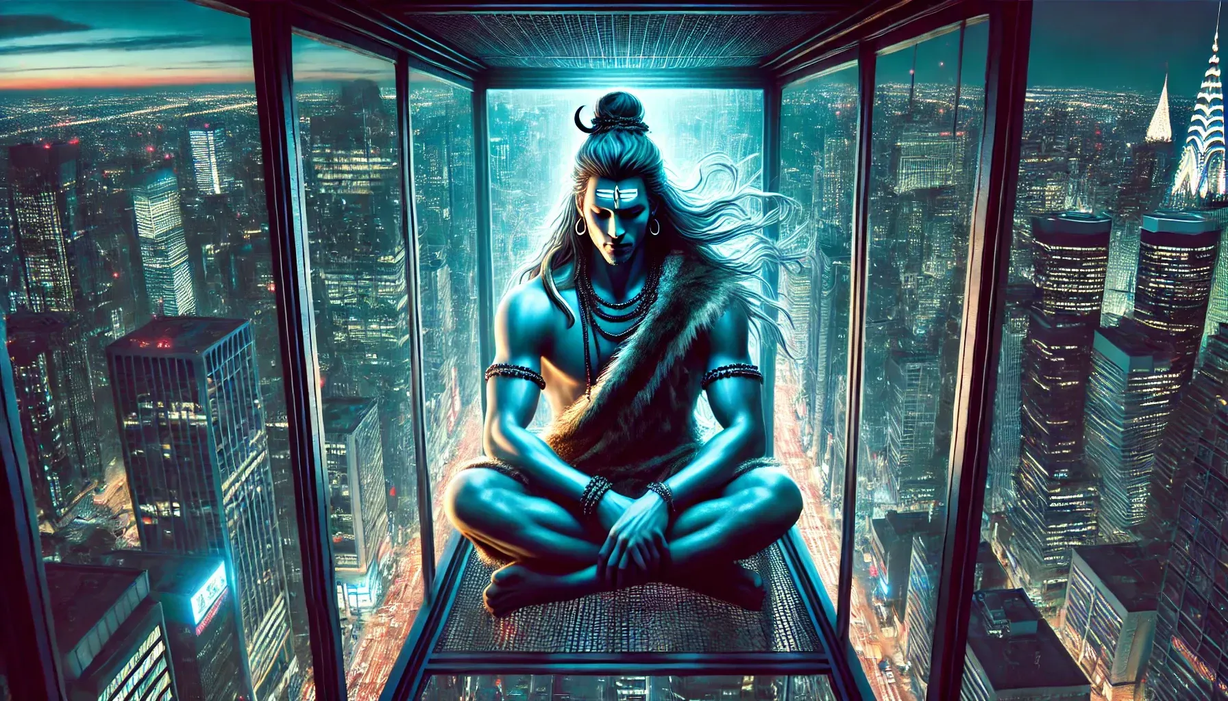 AI-generated image of Lord Shiva with blue skin and trident, seated in divine calm, surrounded by cosmic light and silence.