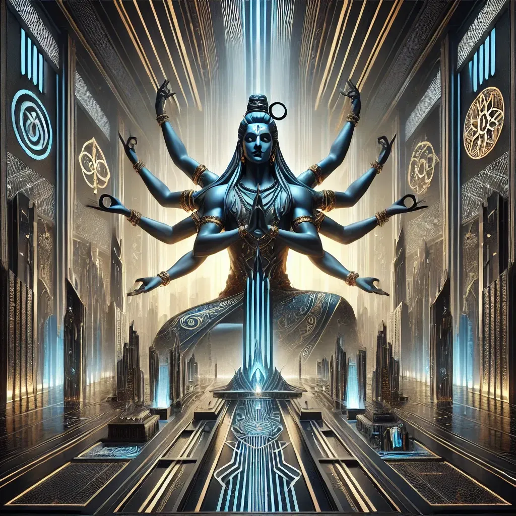 AI-generated image of Lord Shiva with blue skin and trident, seated in divine calm, surrounded by cosmic light and silence.