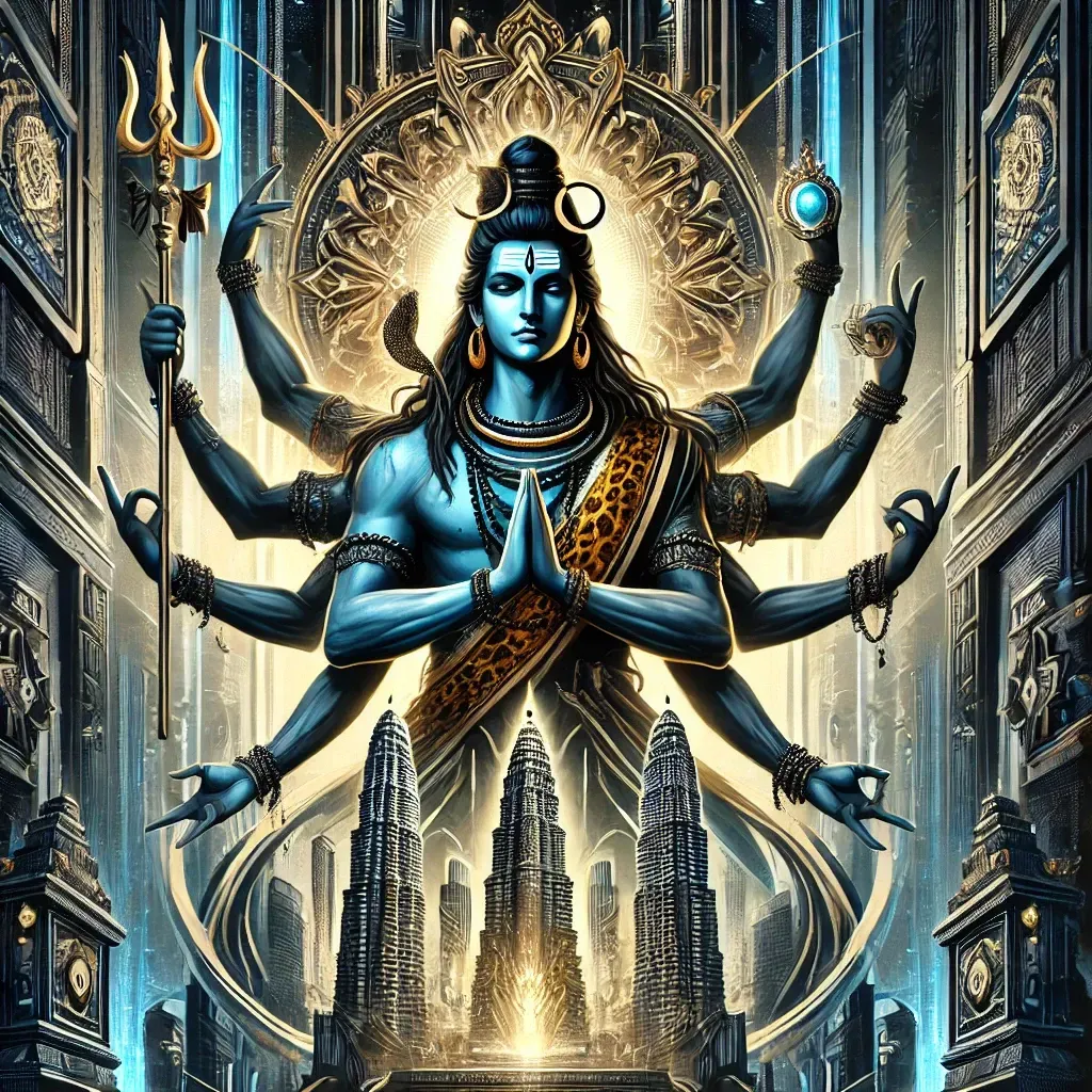 AI-generated image of Lord Shiva with blue skin and trident, seated in divine calm, surrounded by cosmic light and silence.