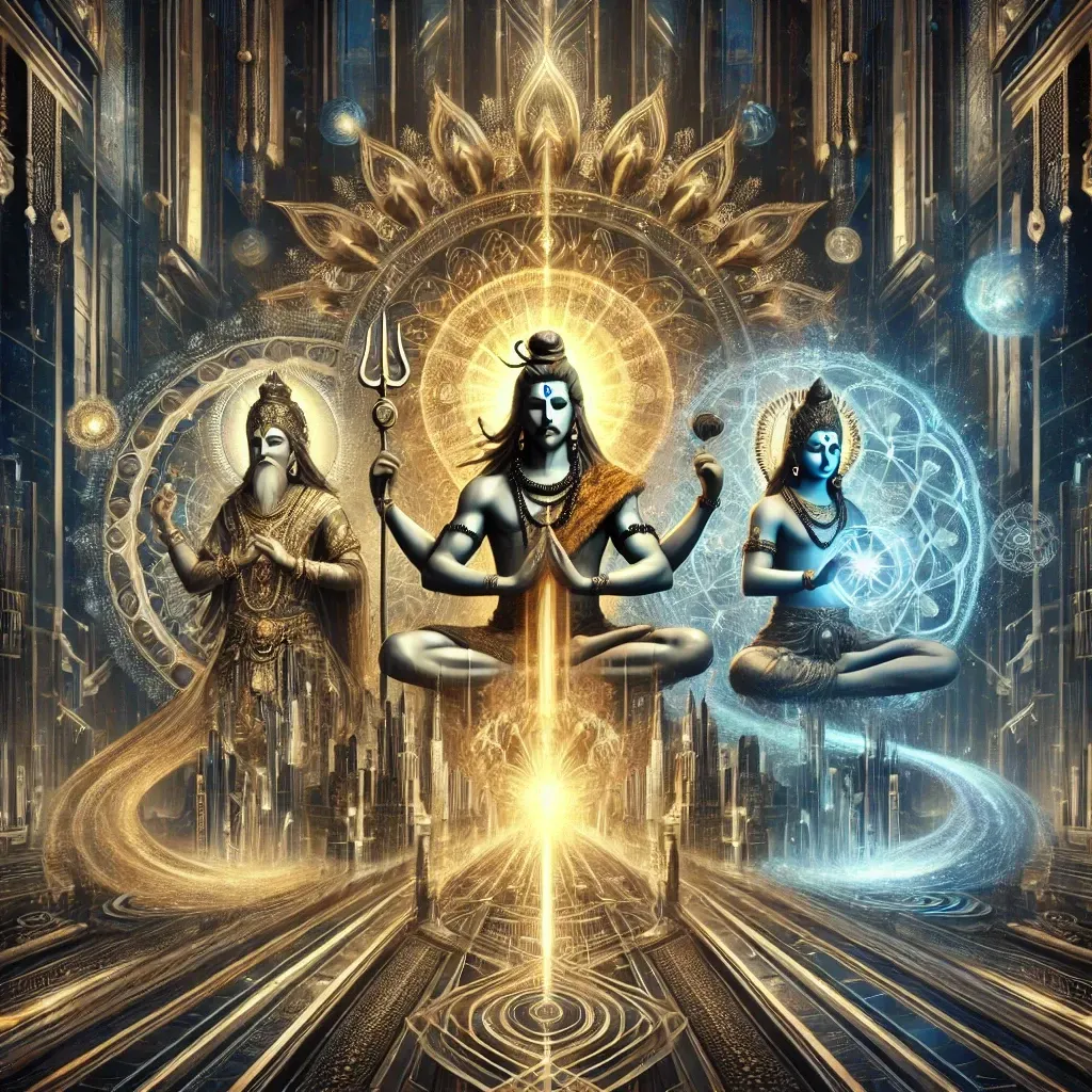 AI-generated image of Lord Shiva with blue skin and trident, seated in divine calm, surrounded by cosmic light and silence.