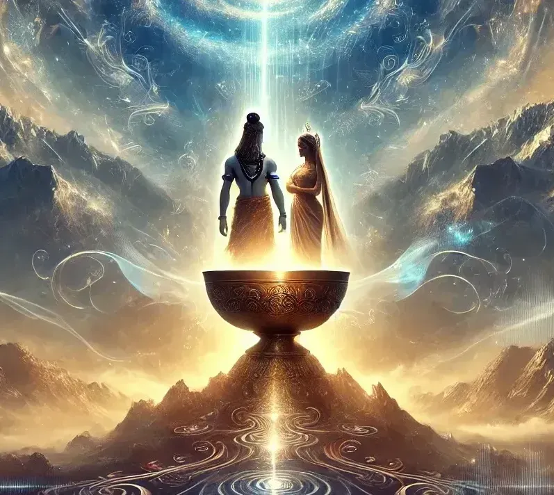 AI-generated image of Shiva and Shakti with a Tibetan 7 metal hand-made singing bowl made in Nepal, radiating divine union.