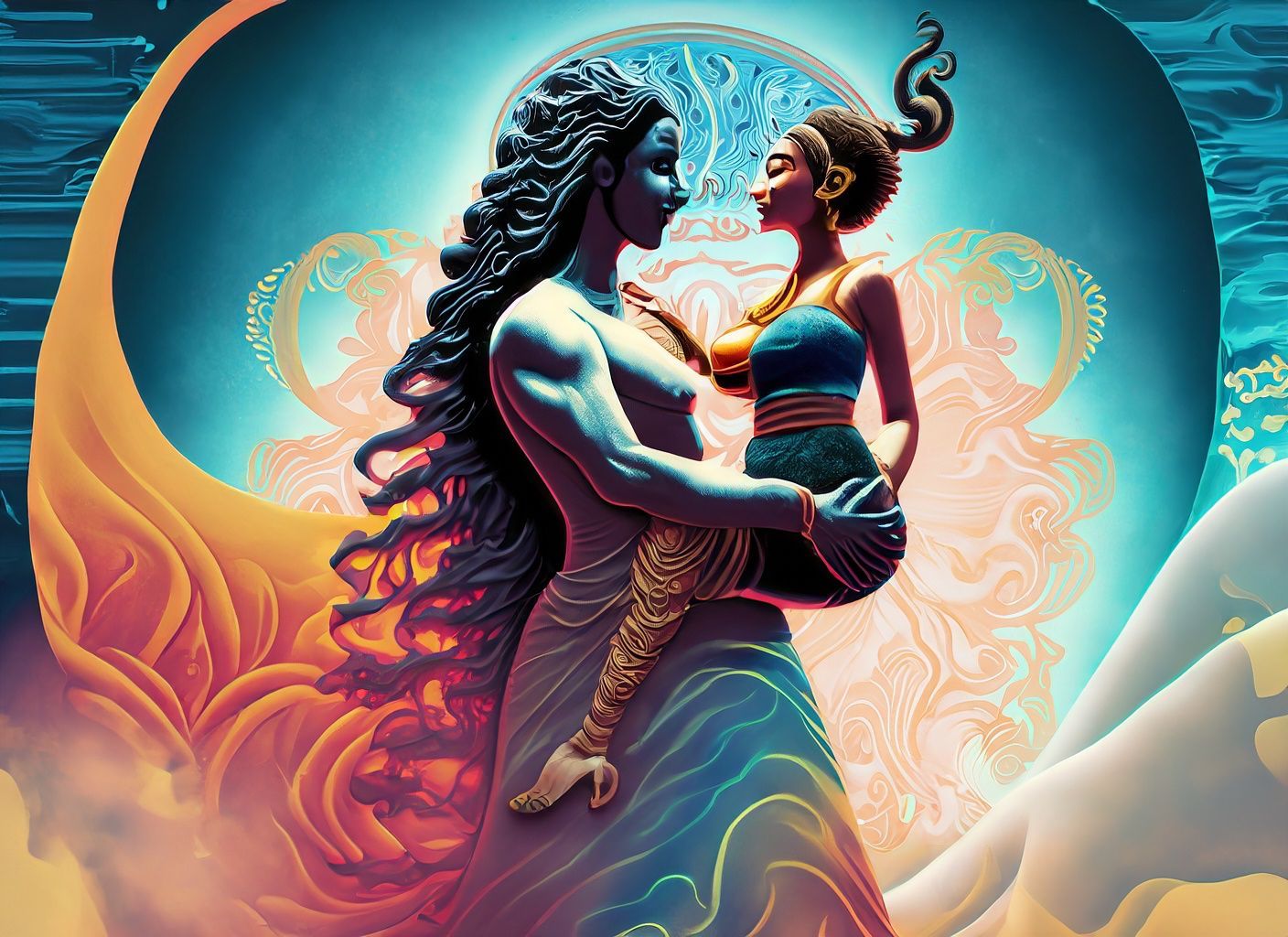 AI-generated image of Lord Shiva with blue skin and trident, seated in divine calm, surrounded by cosmic light and silence.