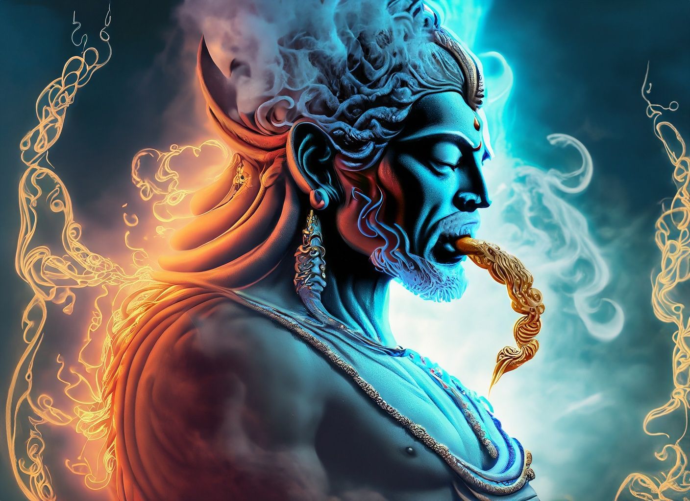 AI-generated image of Lord Shiva with blue skin and trident, seated in divine calm, surrounded by cosmic light and silence.