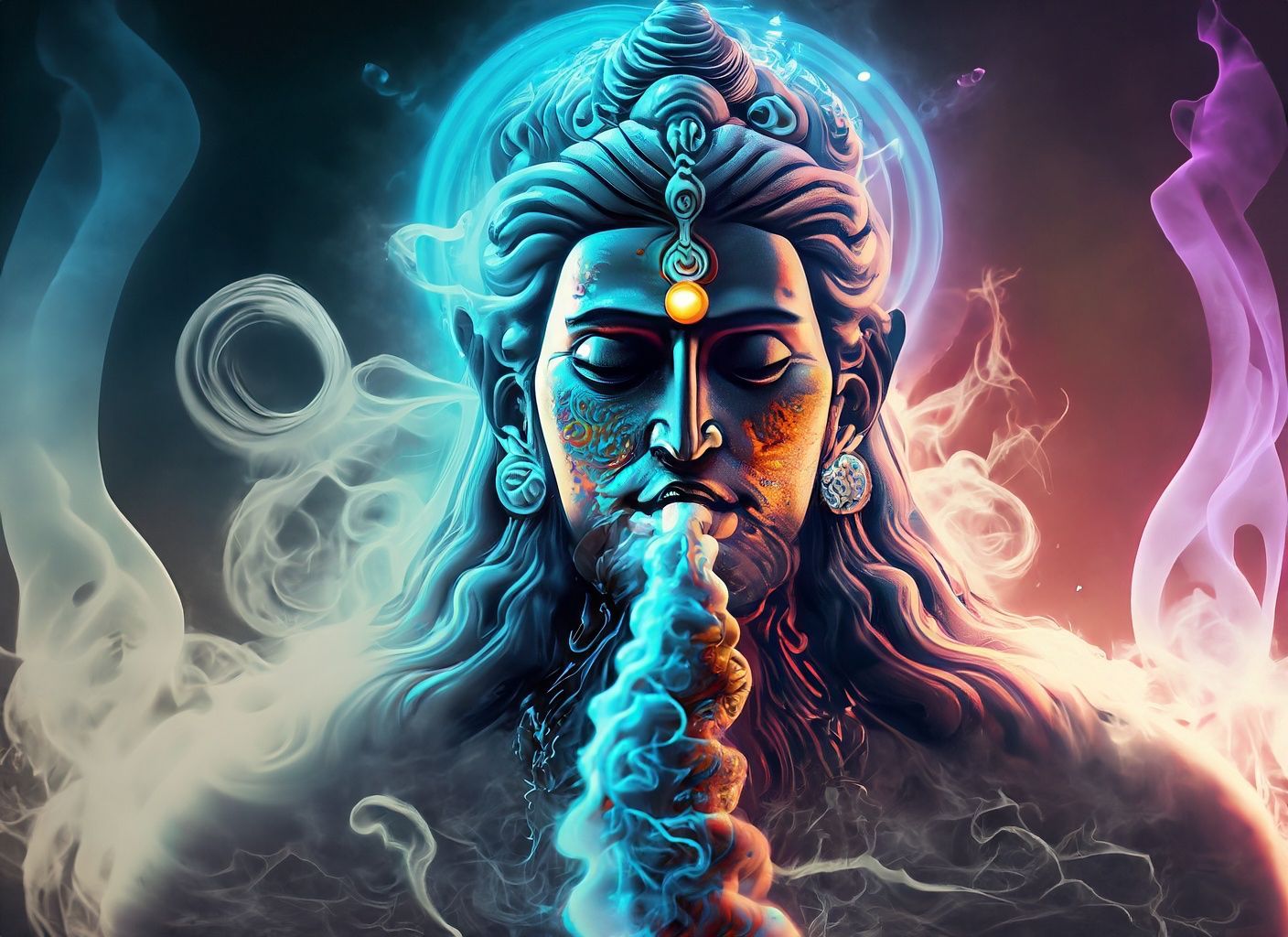 AI-generated image of Lord Shiva with blue skin and trident, seated in divine calm, surrounded by cosmic light and silence.
