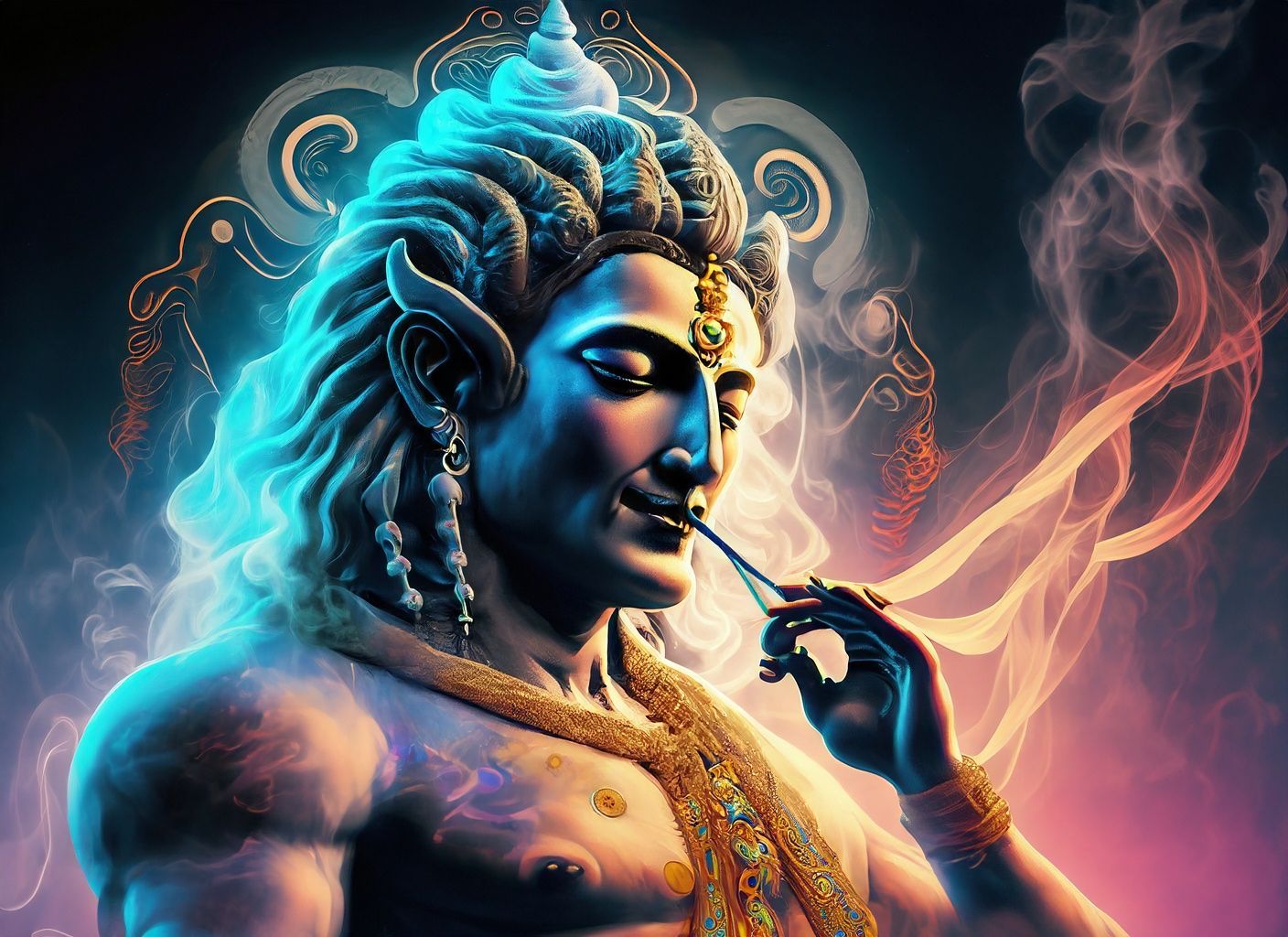 AI-generated image of Lord Shiva with blue skin and trident, seated in divine calm, surrounded by cosmic light and silence.