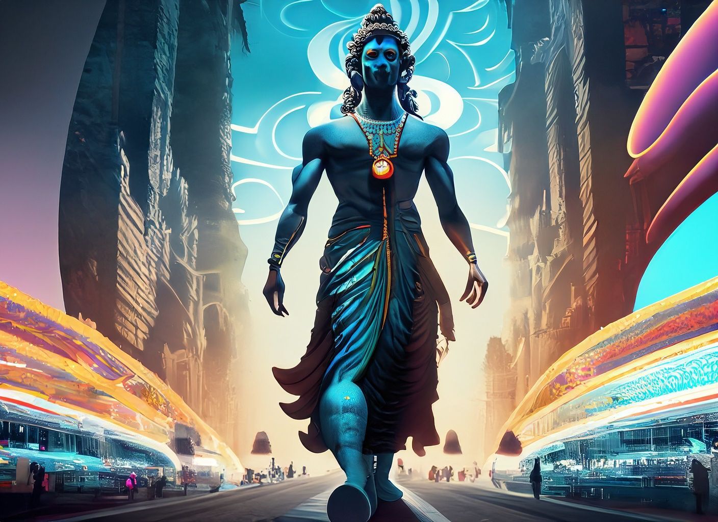 AI-generated image of Lord Shiva with blue skin and trident, seated in divine calm, surrounded by cosmic light and silence.