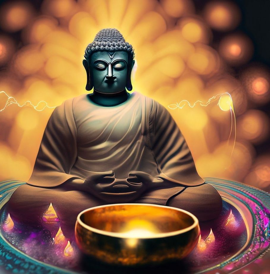AI-generated image of Buddha holding a Tibetan singing bowl, radiating peace and vibrational harmony through sound.