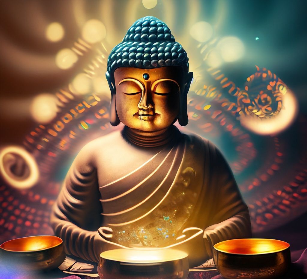 AI-generated image of Buddha holding a Tibetan singing bowl, radiating peace and vibrational harmony through sound.