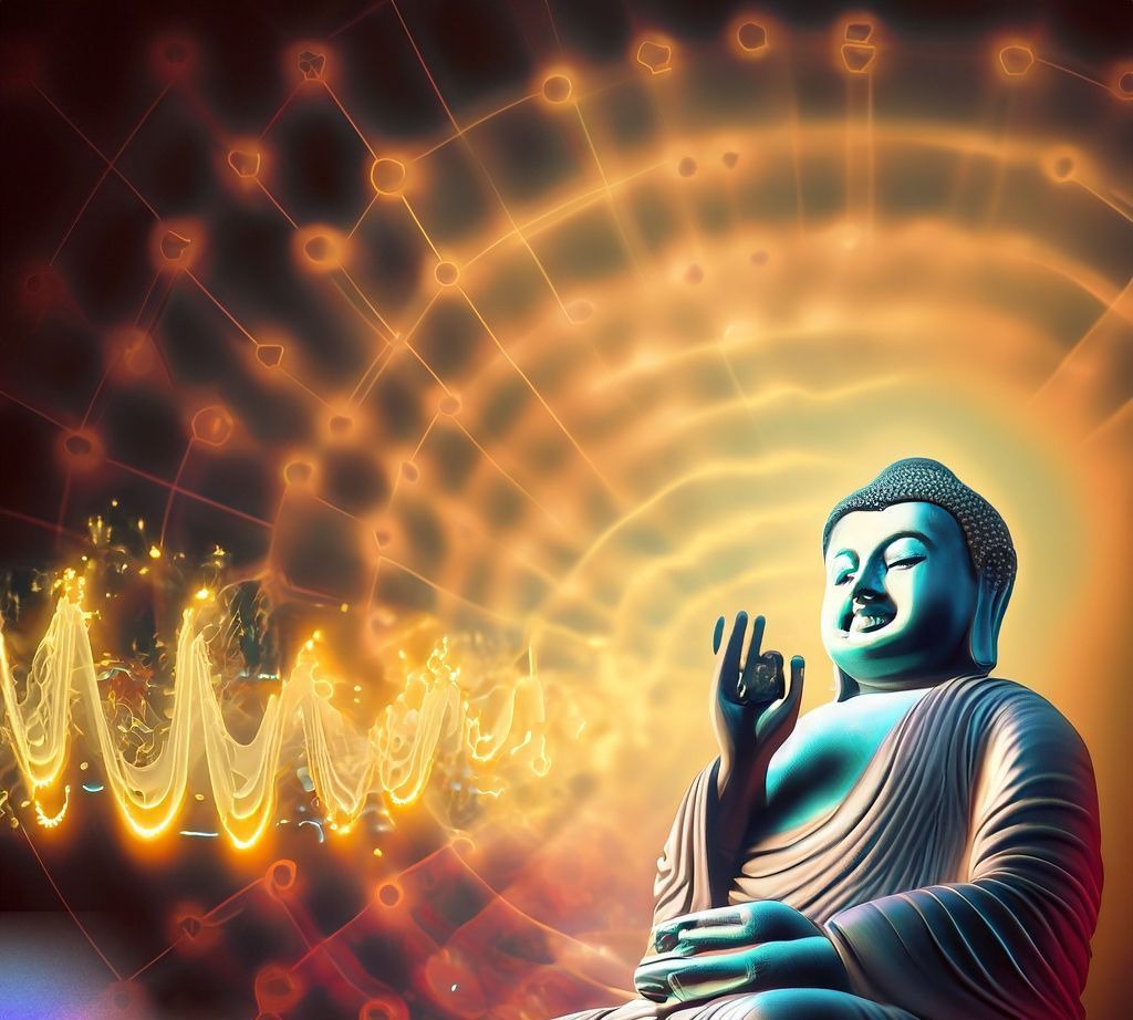 AI-generated image of Buddha radiating peace and vibrational harmony through sound.